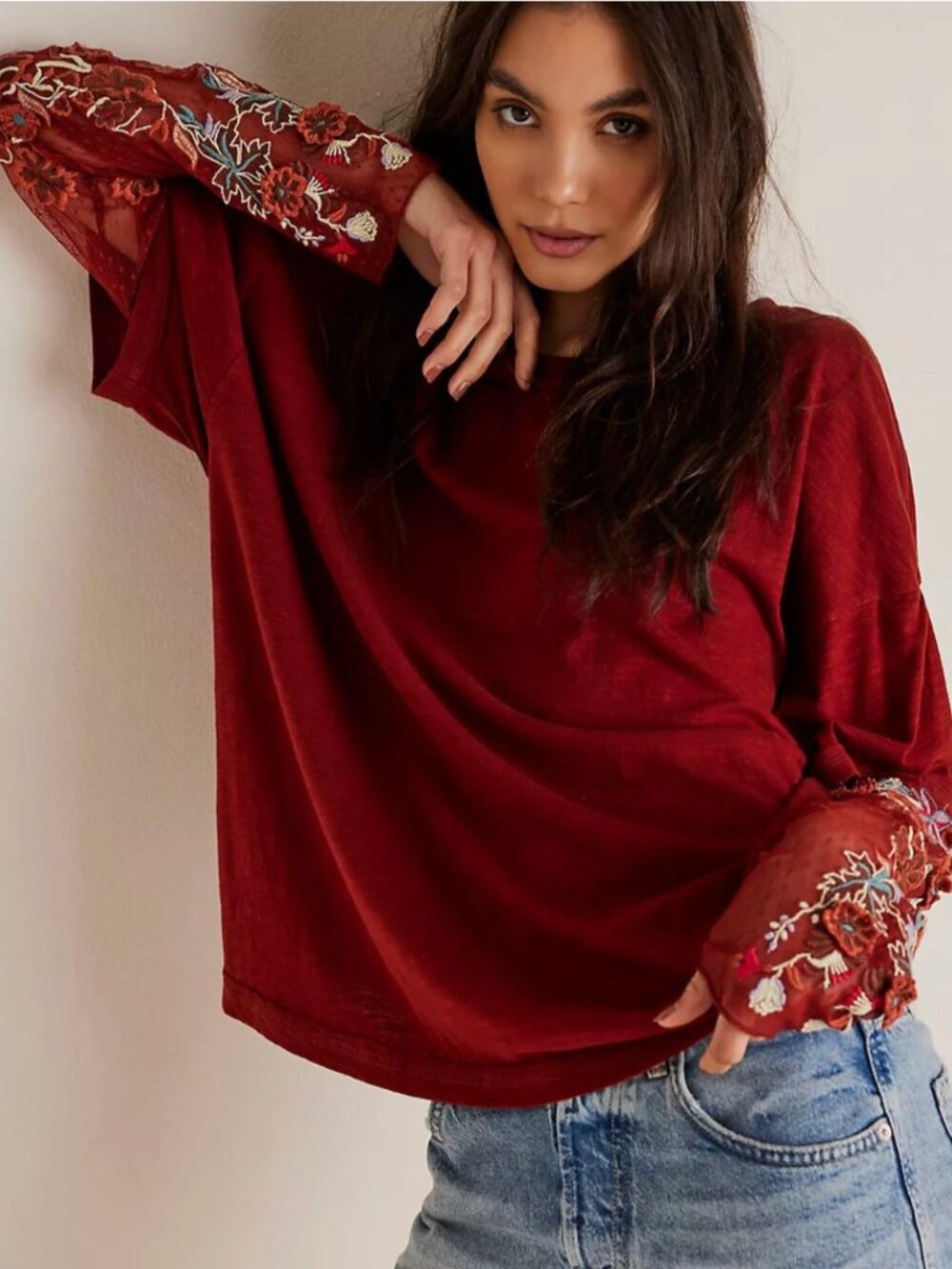 Free People Gardener Tee Embroidered Mesh Sleeves Boho Fairy Size Small/Medium